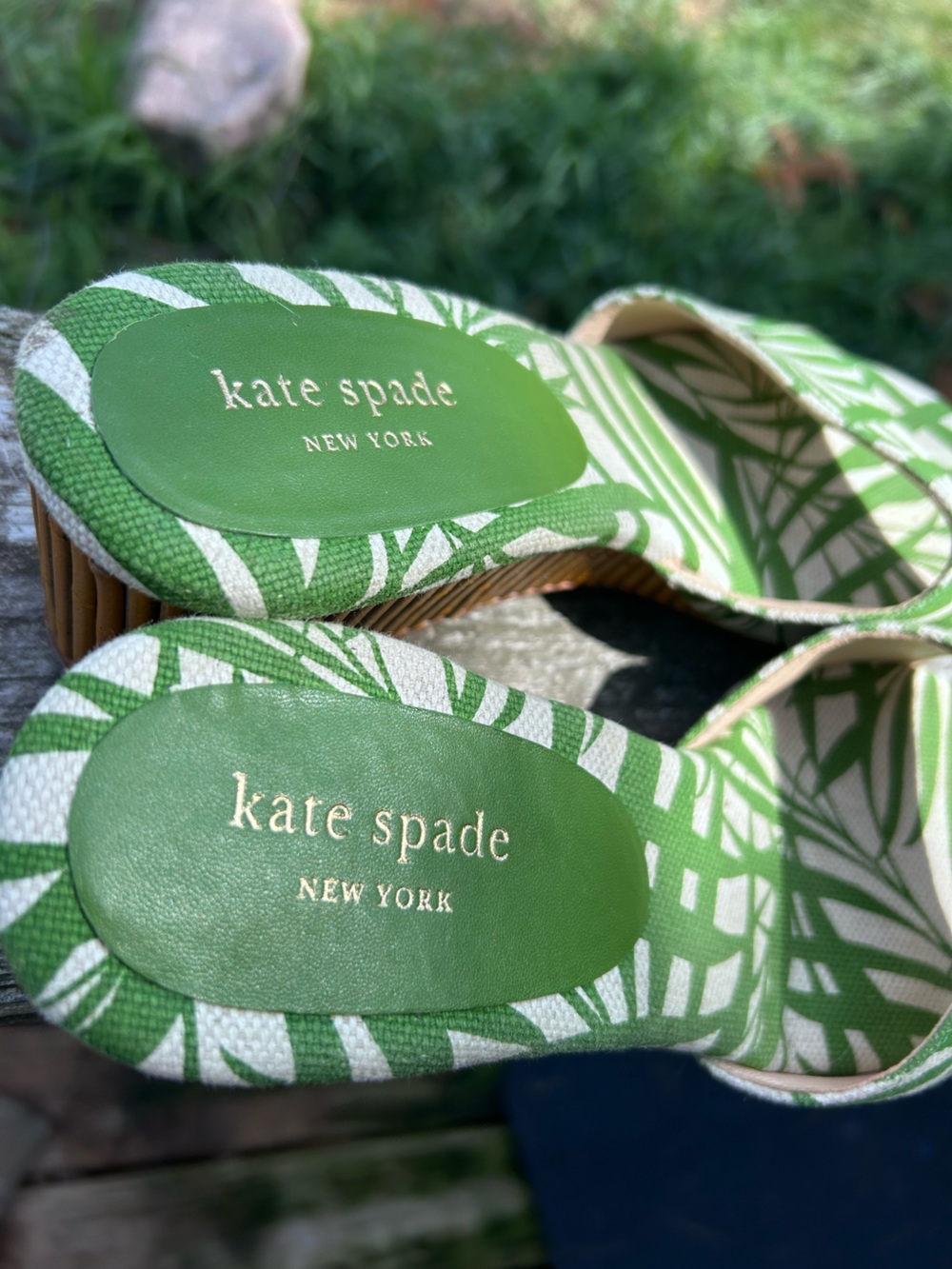 Kate Spade Meena Palm Green Canvas Bamboo Wedge Sandals Size 9 - Picture 6 of 17